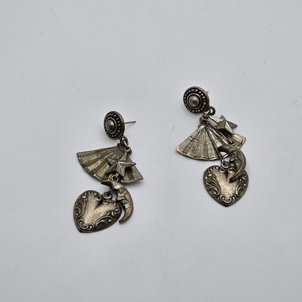 Vintage Silver Tone Heart Charm Dangle Earrings Moon Fan Star